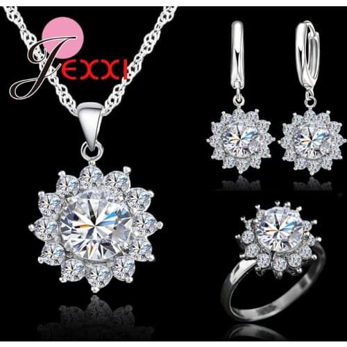 New Fashion Jewelry Sets Necklace +Hoop Earrings Rings 925 Sterling Silver Jewelry Sets Romantic Gift For Lovers