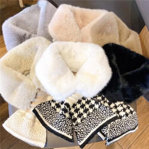 2021 New Autumn Winter Houndstooth Fashion Crochet Knitted Scarf Foulard Femme Faux Fur Collar Neck Warmer Scarves Women