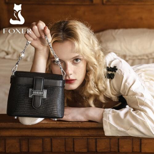 FOXER Original 2021 Flip Bucket Bags Animal Pattern Women Handbag Cow Leather Female Fashion Shoulder Bag Casual Crossbody Bag