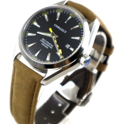 Polished 39mm corgeut black dial Date Sapphire Glass automatic mens Watch
