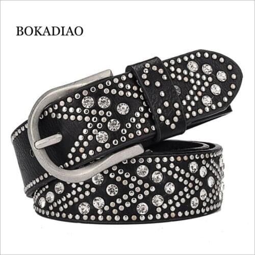 BOKADIAO women belt punk Pin buckle Vintage Rhinestone geometry Rivets luxury ladys original leather belts for women black belt