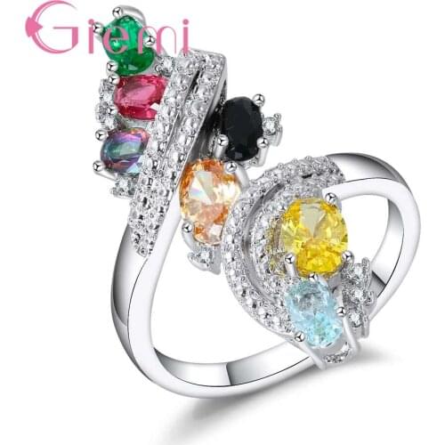Luxury Female Oval Crystal Jewelry Clear Cubic Zircon Rainbow Flower Ring with Twist Loop 925 Sterling Silver Bijoux Gift