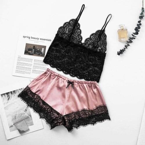 Sexy Lingerie Pajama Set Black Lace 6 Color S-XXXL Sizes Summer Deep V Neck Sleeveless Pajamas for Women 2021 Pyjama Pour Femme