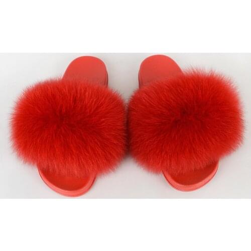 Furry Slippers House Summer Ladies Shoes Plush Luxury Fluffy Slide Sandals Women Sexy Mules Flat Real Fur Fox Flip Flop Big Size