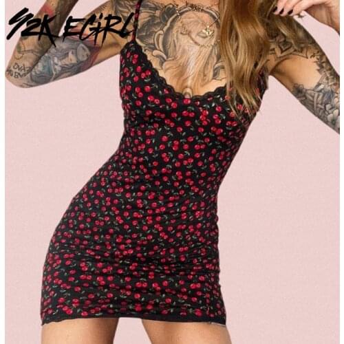 Y2K EGIRL Kawaii Fashion Lace Trim Cherry Pattern Short Dresses 2000s Vintage Straped Backless Bodycon Cami Dress Sexy Clubwear