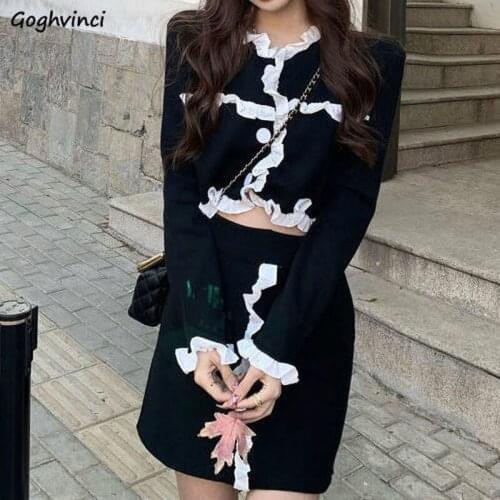 Women Sets Elegant Lady Knitted Ruched Single Breasted Short Tops High Waist Mini Skirts Autumn Korean Style Chic Ins Sweet Girl