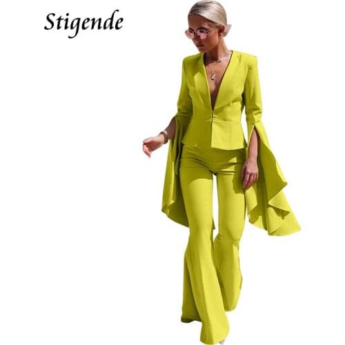 Stigende Women Elegant Suits Trouser Split Flare Long Sleeve Blazer and Pants Suits Fashion Solid Irregular Two Piece Suits