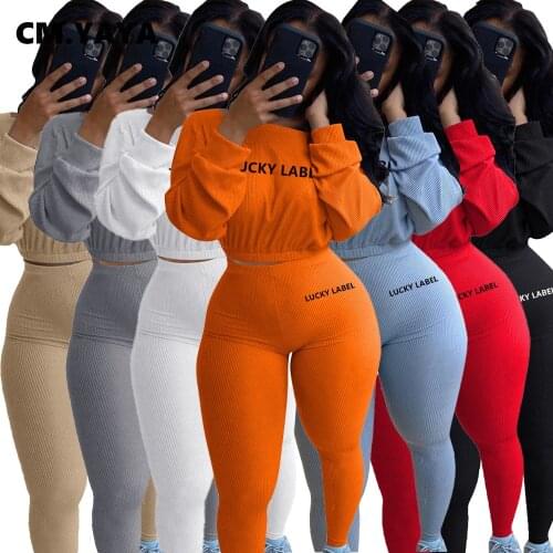 CM.YAYA Sports Lucky Label Embroidery Womens Set Slash Neck Tops Legging Pants Set Tracksuit Two Piece Outfit Active Sweatsuit