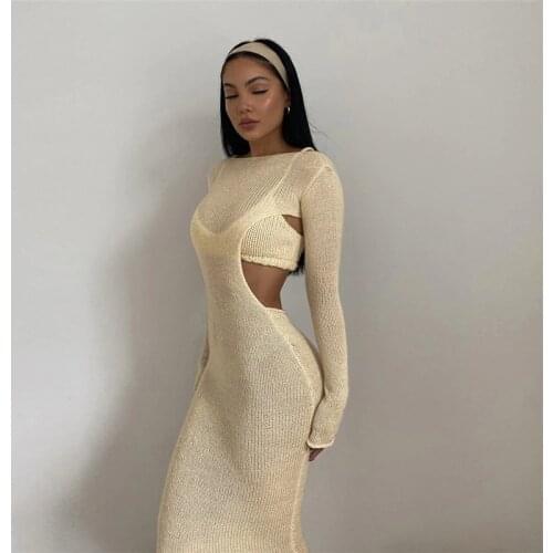 Adogirl Women Solid Long Sleeve Sexy Backless Long Dress Knitted Party Club Robe Female Vestidos Fashion Streerwear