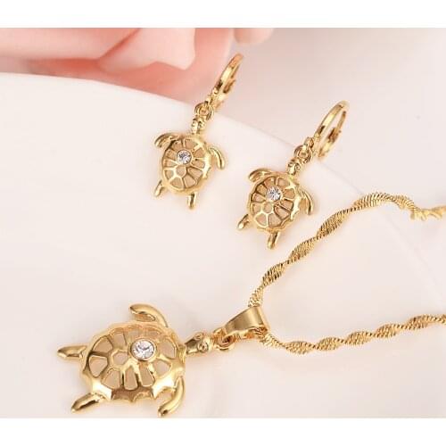 Gold pendant Necklace Earring Set Women Party Gift animal PNG white crystal stone tortoise charms girls Fine wedding Jewelry