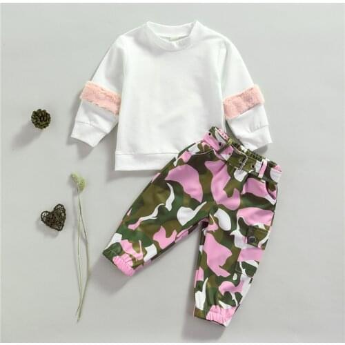 2Pcs Baby Girls Trousers Printing Classic O-Neck Spring Autumn Camouflage Clothes Childrens Set 1-6Year