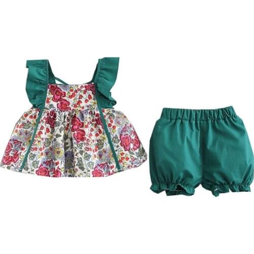 2021 Summer Baby Girls Sleeveless Floral Print Strap T-shirt Tops+Shorts Suits Casual Outfits Sets