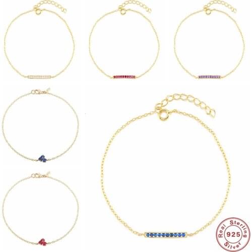 Aide 925 Sterling Silver Three Zircon Flower Bracelets For Women Long Bar Red Blue Crystal Chain Bracelet Jewelry Christmas Gift