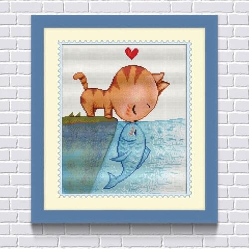 DIY Diamond Painting Cat Kiss Fish Cross Stitch Cartoon 3D Full Round Embroidery Painting Decor Mosaic Kids Room Wall Decorative