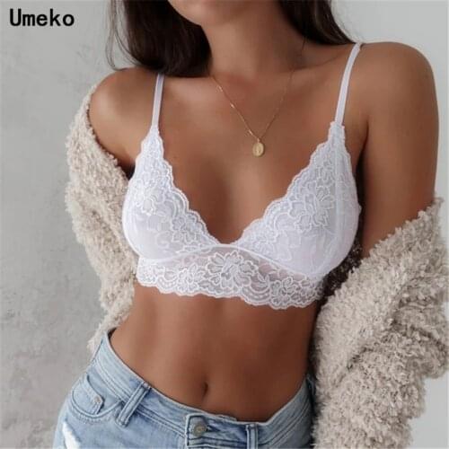 Umeko Sexy Lace V-neck Active Bras Women Plus Size Elastic Push Up Mesh Intimates Wireless Underwear Summer Brallette Clothes