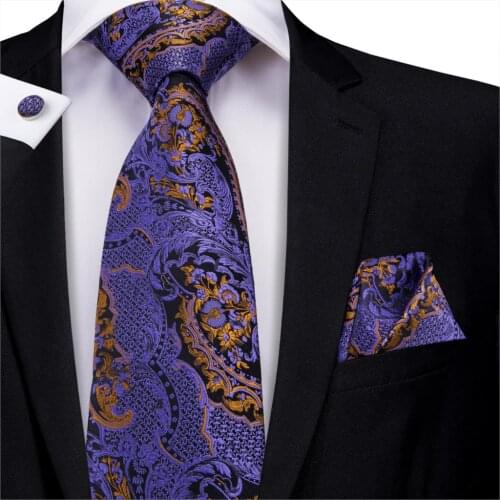 Purple Silk Ties for Men Fashion Floral Neck Tie Hand Pocket Cufflink Set Gold Tie for Suit Wedding Hi-Tie C-3210 Wholesale