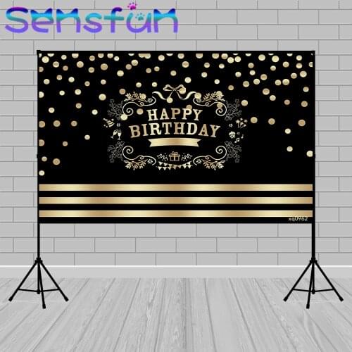 Happy Birthday Party Backdrop Sequin Stripe Black Gold Dots Glitter Adult Photography Background Shining Banner Photo Studio
