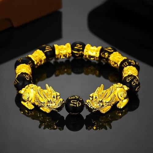 Personality Lovers Golden Pi Xiu Black Obsidian Jewelry Elastic Fengshui Bracelet Lucky Bracelet Gift Wealth Luxury Bracelet