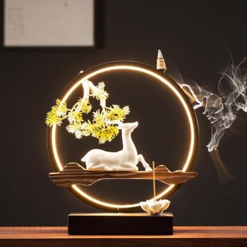Elk Ceramic Backflow Incense Burner With Led Light Smoke Waterfall Incense Cone Sticks Holder With 20 Pcs Cones Desktop Ornament