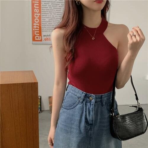 Special Design Irregularity Off Shoulder Sweater Tops Sexy Slim Halterneck Knitwear