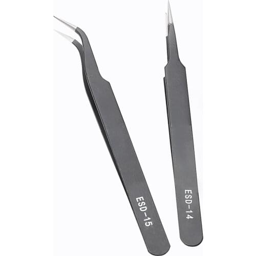 NICEYARD ESD-14 ESD-15 Precision Stainless Steel Tweezer Forceps Black Curved Straight Tip Anti-static