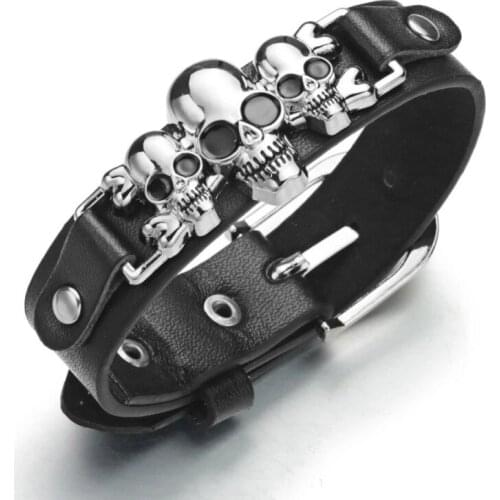 New Skeleton Skull Bracelets Rock PU Leather Belt Buckle for Women Men Unisex Punk Gothic Charm Bracelets Bangles Jewelry Gift