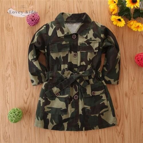 2020 Autumn Winter Baby Girl Costs 1-7Y Fashion Denim Lapel Long Sleeve with Belt Pockets Camouflage Color Winter Jacket
