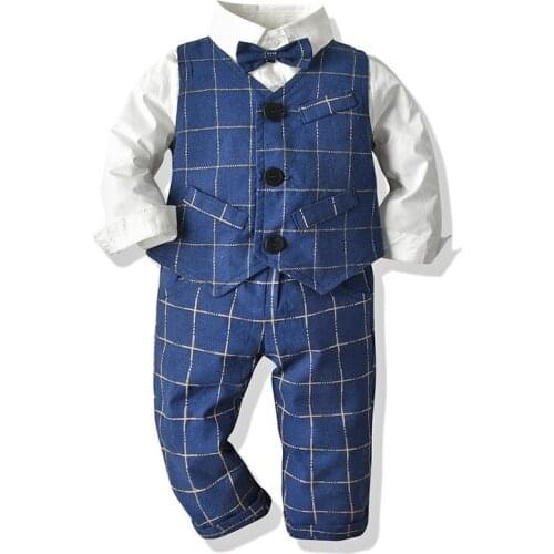 Baby Boy Gentleman Clothes Set Autumn Cotton Suit For Kids White Shirt with Bow Tie+Vest +Pants Formal Newborn Boys Clothes