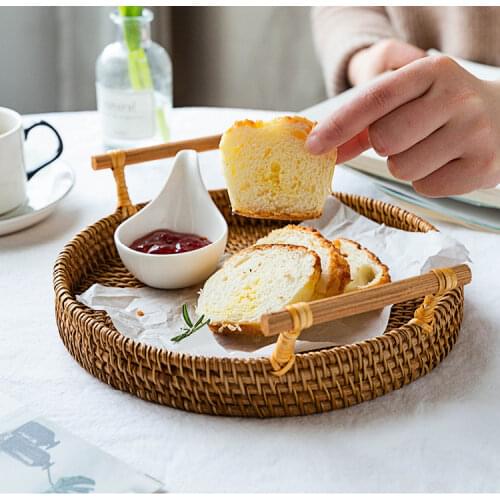 Handwoven Rattan Storage Tray With Wooden Handle Round Wicker Basket Bread Food Plate Fruit Cake Platter Dinner Serving Tray