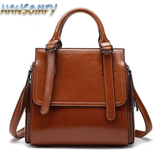 HANSOMFY Luxury Oil Wax Leather Women Handbag Brand Design Totes Bags High Quality Leather Bag New Fashion Shoulder Bag YZ-13