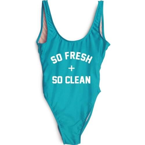 SO FRESH + SO CLEAN funny letter print mesh bodysuit playsuit for women/girls one-pieces swimwear bathing suit bodysuit