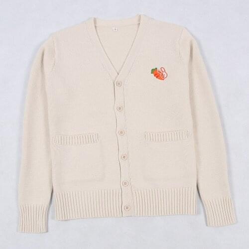 Carrot Embroidery Cute Womens Knitted Sweater V-neck Cardigan Long Sleeve Fall Loose Sweaters JK Girls School Uniform Student