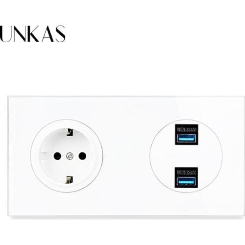 UNKAS 16A EU Standard Wall Socket + Female Dual USB 3.0 Charging Port 172MM*86MM Tempered Crystal Glass Panel Outlet