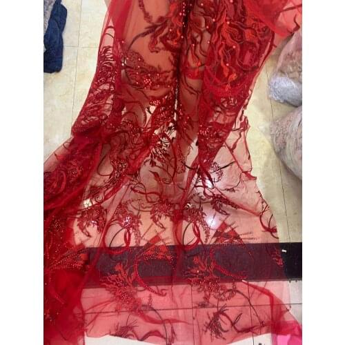 Stock 5yards/bag Burgundy embroidered bead high - grade fashion fabric for wedding dress design LMC10