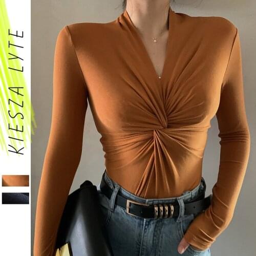 Vintage women t shirt slim v neck punpkin black twist stretch slim knit pullovers tee sexy office ladies tops high street