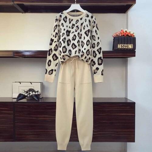 Spring Autumn Leopard Two Pieces Knitting Pant Set For Women Vintage O Neck Sweater Pullover Top + Harem Pants Knitted Tracksuit
