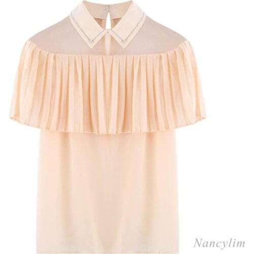 Mesh Stitching Pleated Doll Collar Sleeveless Chiffon Shirt for Women 2021 Summer New Fashion Blouse Girls Ladies Pullover Top