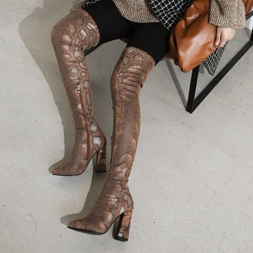 Ladies Thigh Boots Spring Autumn Fashion Leopard Print Thick High-Heel Boots Female Faux Suede Winter Zipper Slim Womens Shoes