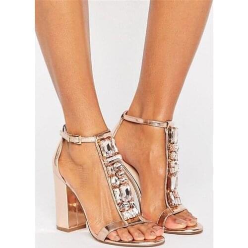 Women Luxury Gold T-strap Rhinestone Chunk Heel Sandals Bling Bling Ankle Strap Crystal High Heel Thick Heel Sandals Dress Shoes