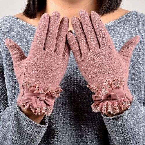 [BYSIFA] Ladies Pink Rabbit Hair Wool Mittens Gloves Fashion Women Gloves Elegant Lace Embroidery Bow Tie Thick Warm Soft Gloves