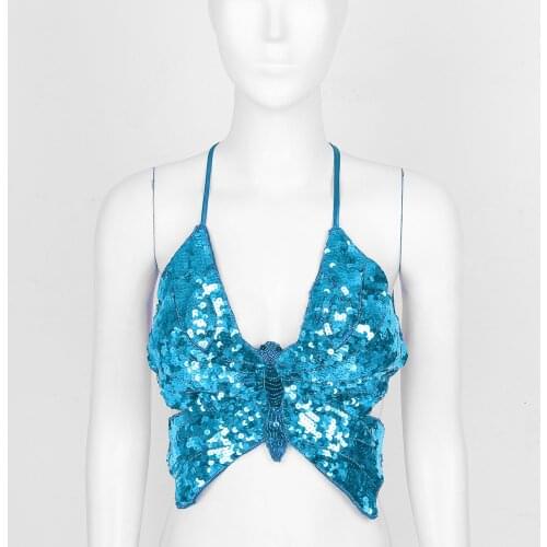 Belly Dance Costumes Sequins for Women Dancing Stage Costume Indain Sequin Beaded Butterfly Shaped Sleeveless Backless Bra Tops