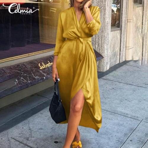 S- Fashion Irregular Hem Long Dress Celmia Women Elegant Long Sleeve Stain Dresses Solid Loose V-Neck Vestidos 7