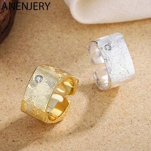 ANENJERY 925 Sterling Silver Irregular Fingerprint Texture Inlaid Zircon Rings For Women Simple personality Wide Open Rings