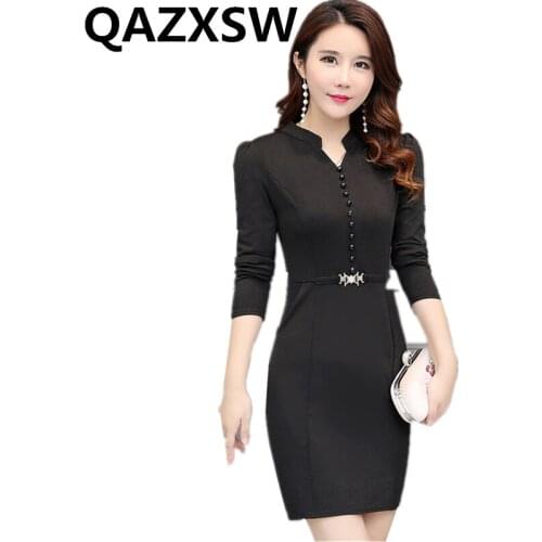 2019 New Spring Dress Autumn Long-sleeved V Collar Large Size Slim Thin Fashion Office Lady Temperament Solid Women Dress ZW022