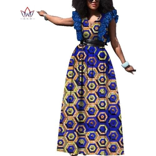 2021 New Spring Traditional African Dresses for Women Sleeveless Ruffle Decration V-neck Ankle Length Women Party Dress WY115
