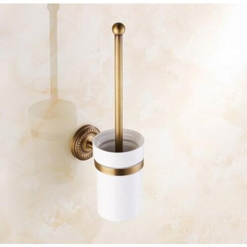 + 1 Ceramic Cup Bathroom Hardware Accessories Wall Mounted Antique Brass Toilet Brush Holder Dba271