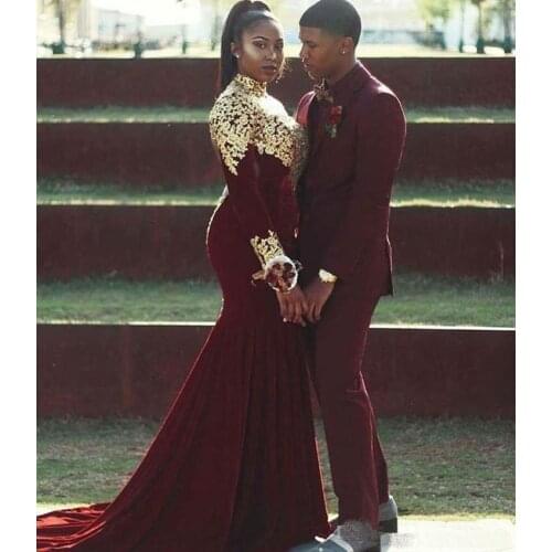 Burgundy Velvet Mermaid Prom Dresses Gold Lace Appliques Long Sleeve African High Collar Evening Dresses Plus robes de soiree