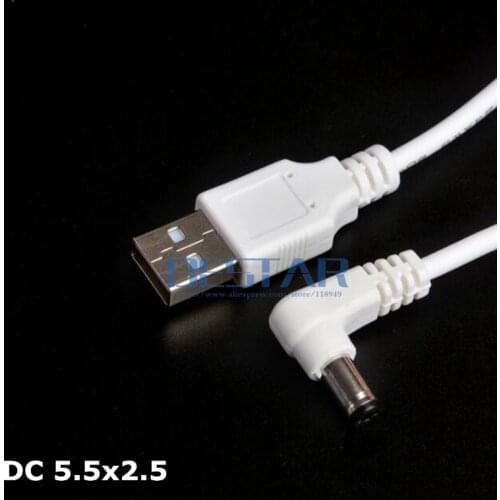 White DC Elbow Power cable Plug USB To DC 5.5*2.5 5.5*2.5mm 5.5mm x 2.5mm 5.5x2.5mm Jack Right Angle L shape charge Cable 1M