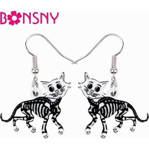 BONSNY Halloween Acrylic Cute Black Smile Skull Skeleton Cat Earrings Drop Dangle Magic Novelty Jewelry For Women Girls Teens