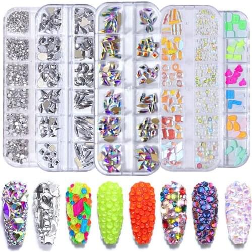 A Box of 12 Grids with 1440 Rhinestones Flat Bottom Diamonds Symphony AB Rhinestones Shiny Long Strip Box DIY Nail Decoration